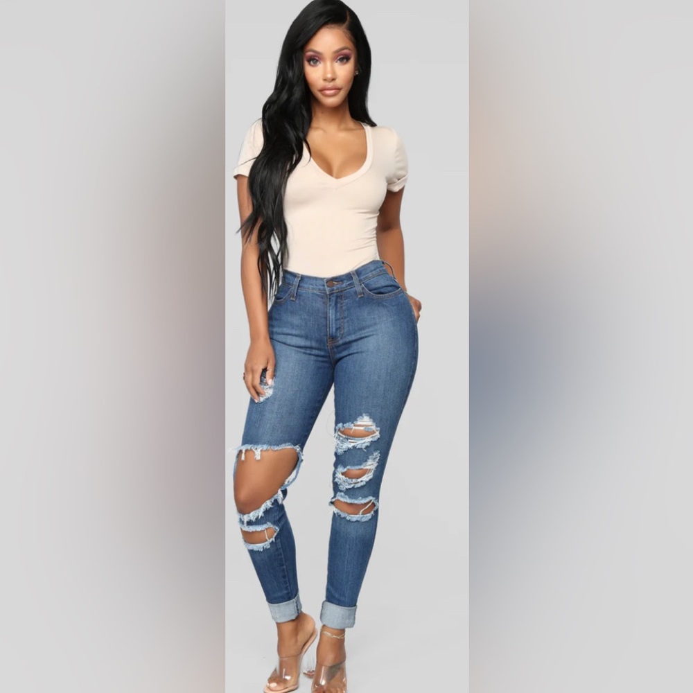 Fashion Nova Distressed High Rise Blue Jeans